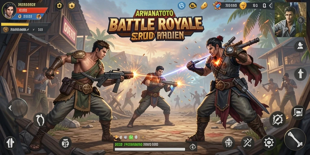 Tangkapan layar ARWANATOTO menampilkan aksi seru dalam arena Battle Royale.