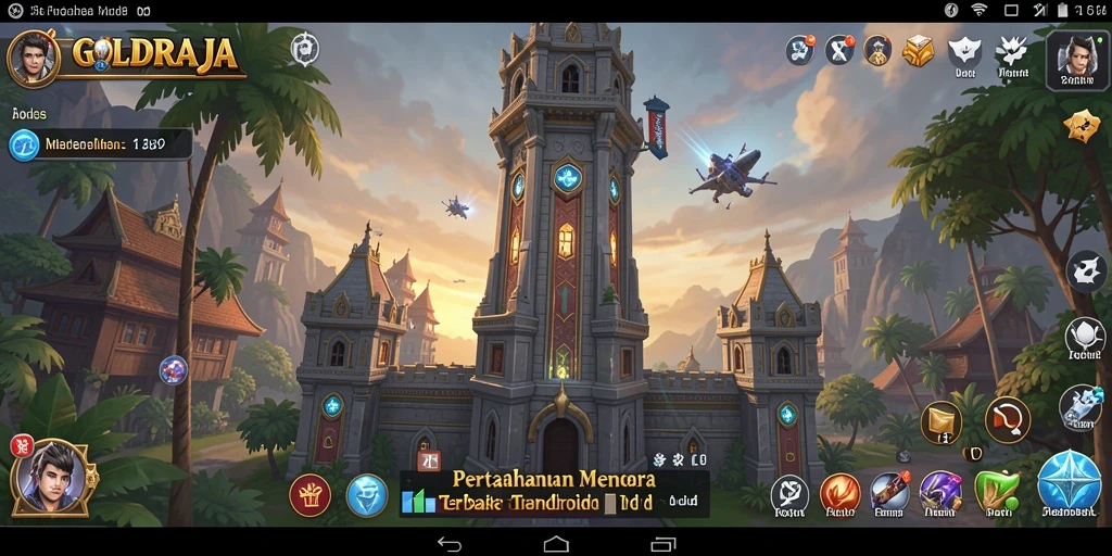 Screenshot gameplay GOLDRAJA menampilkan pertempuran Tower Defense yang epik.
