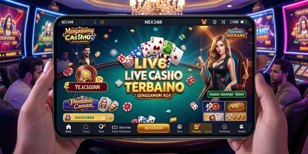 Screenshot gameplay NEX288 yang menampilkan dealer langsung dan suasana kasino.