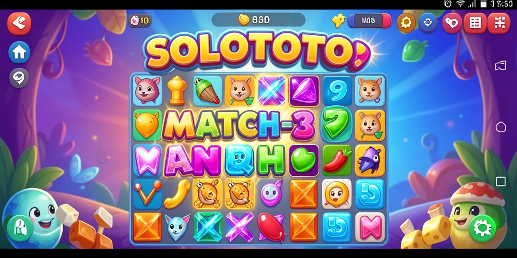 Gameplay seru SOLOTOTO dalam aksi Match-3 yang penuh warna.