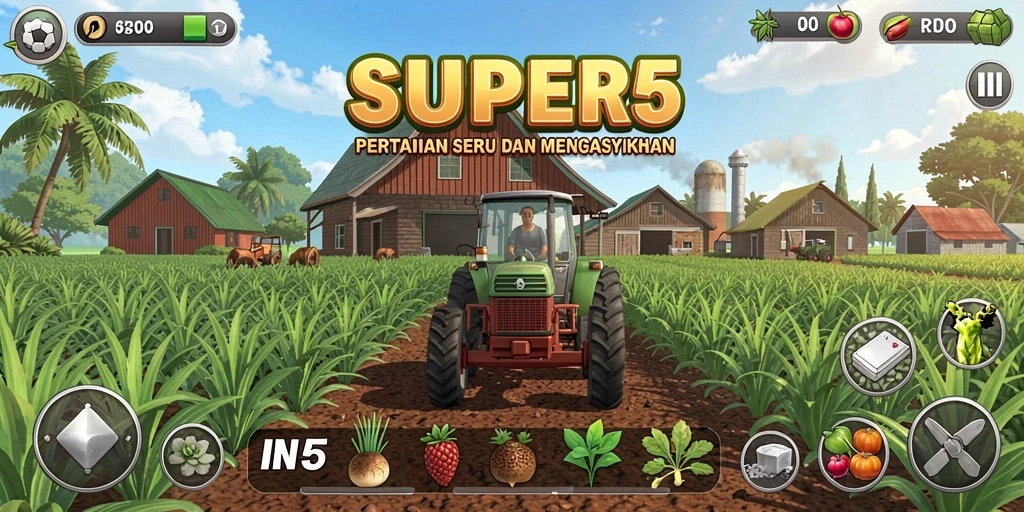 Tangkapan layar gameplay SUPER5 menampilkan aktivitas bertani yang seru.