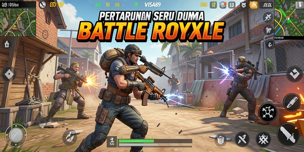 Screenshot utama menunjukkan aksi seru dalam gameplay Battle Royale.