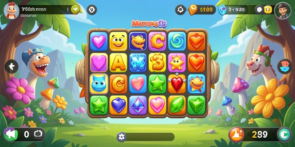 Screenshot gameplay Y89 menampilkan level Match-3 yang penuh warna.